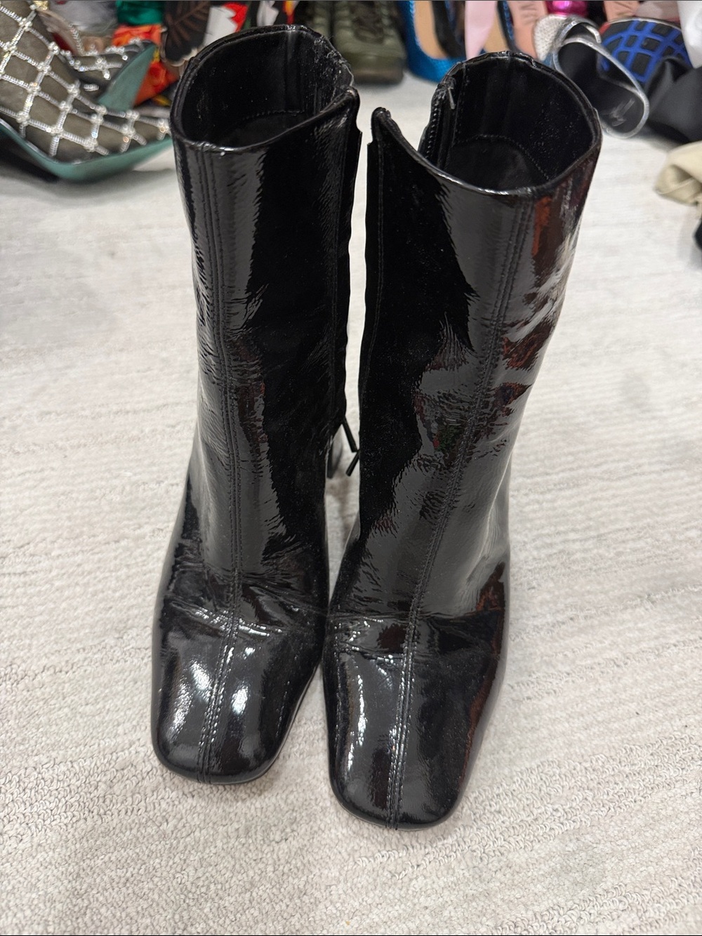 Sam Edelman Black Patent Mid-Calf Square-Toe Heeled Boots